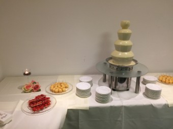 Weißer Schokoladenbrunnen - mit Erdbeerspießen und Muffins